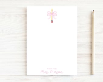 Personalized Teacher Notepad, School Pink Bow Pencil Notepad