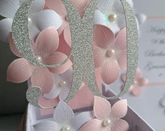 Handmade 90th Birthday Pop Up Flower Card: Glitter Silver Number.
