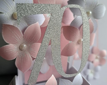 Handmade 70th Birthday Pop Up Flower Card: Glitter Silver Number.