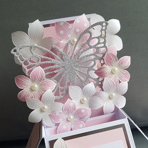 Pop Up Box 'Pink Wishes' Butterfly Flower Card, Pink Card, 3D card, Flower Card, Birthday Card for Mum, Pop Up Card, Mother's Day Card,