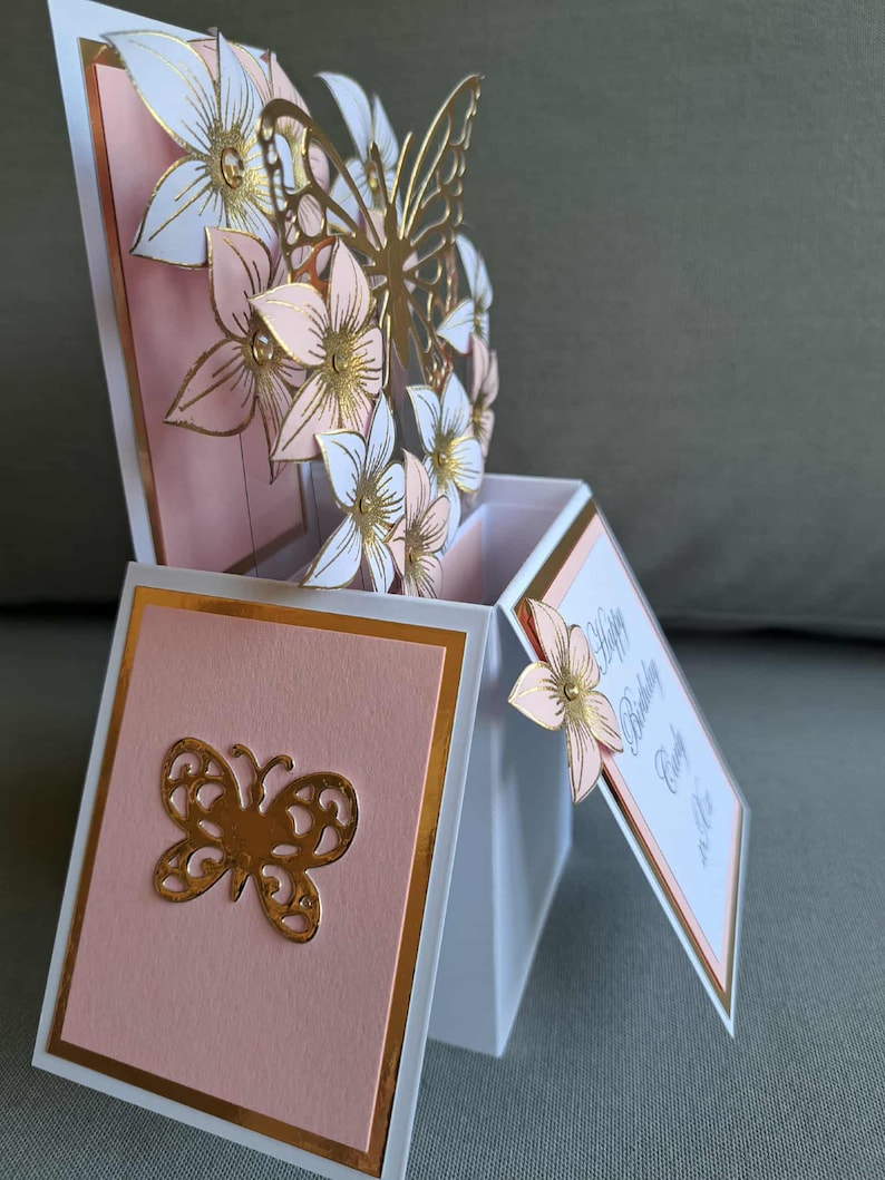 Personalised Pink & Gold Butterfly Pop up Box Card: Handmade Flower ...