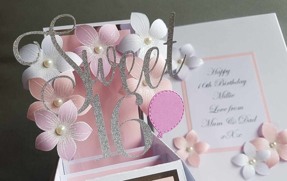 Handmade Pop Up Sweet 16 Card, Personalised, Silver Glitter Number.