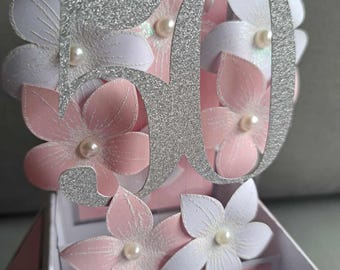 Handmade 50th Birthday Pop Up Flower Card: Glitter Silver Number.