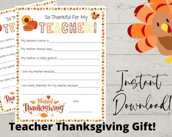 All About My Teacher Printable, Teacher Appreciation Printable, Thanksgiving Teacher Gift, Thanksgiving Printable for Teacher