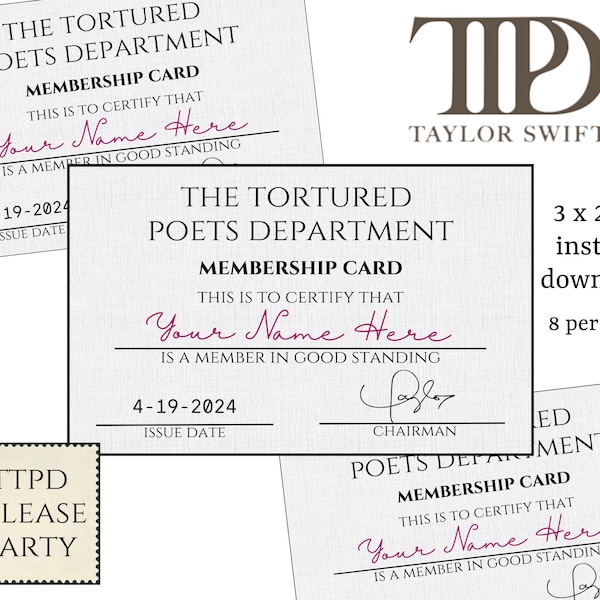 The Tortured Poets Department Membership Cards, Taylor Swift Release Party Decoration, Taylor Swift Activity