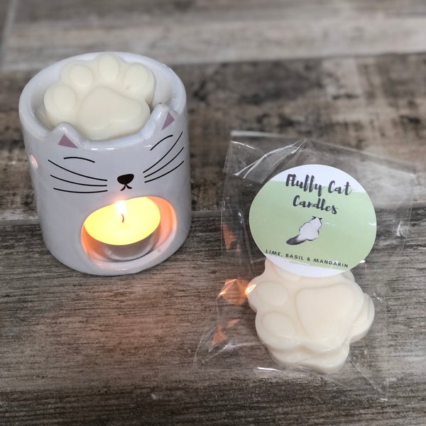 Ceramic Cat Wax Burner & Handmade Wax Melt Gift Set | Natural | Vegan | Eco Soy wax | Cat Lovers | Vegan Gifts | Paw Print | Gift Box