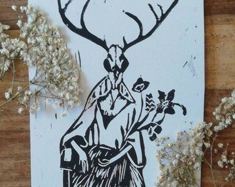 Mother Nature - deer skull lady holding flowers lino cut