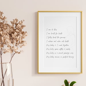 Geburt Affirmation Print, positive Mutterschaft Zitate, Schwangerschaft Affirmationen, positive Affirmationen, Wandkunst, Geschenk für neue Mutter