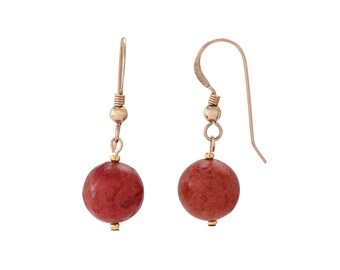 Red and Gold Earrings with Coral Dangles and Goldfilled Ear wires, Mother day