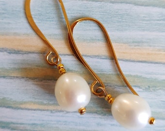 Freshwater Pearl Earrings with Goldfilled Ear wires, Classic White Pearls Earrings, Pearl Earrings Gold, Pearl Earrings Drop, Mother's day