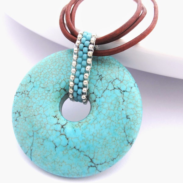 Turquoise donut pendant necklace on brown leather cords, Big blue pendant, Boho-chic pendant, Large donut pendant