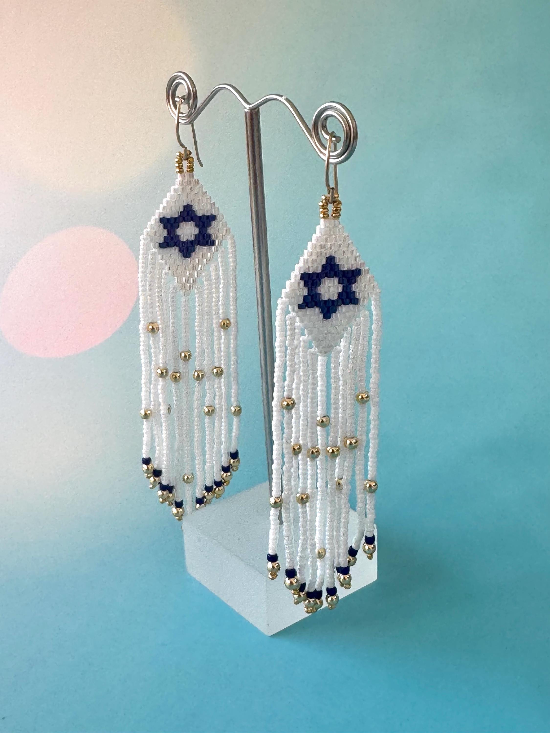 Star of David PDF BEADING PATTERN, Blue White Brick Stitch, Jewish Pendant or Earrings Pattern, Star of David Bead Tutorial, Magen David diy