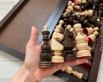Chess pieces wooden carved classic, Handmade Wood Chess pieces, Chessmen with unique chessboard wood, Gift for Chess lovers