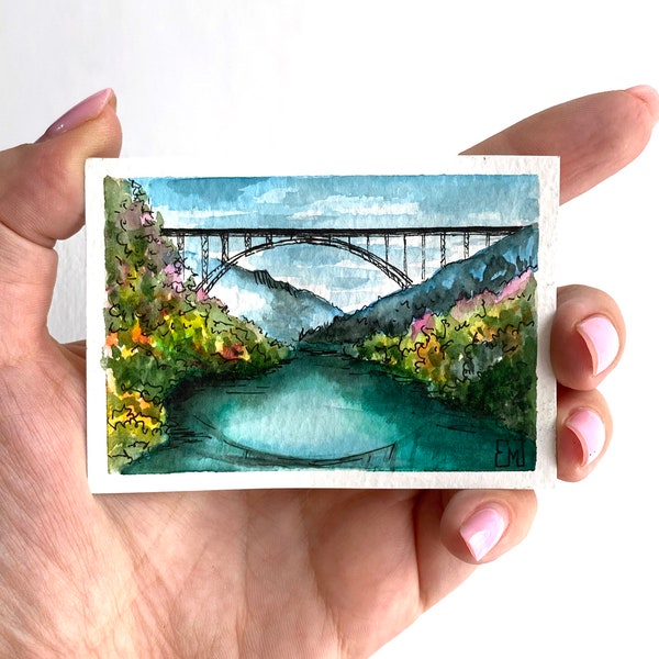 New River ACEO Original Art Bridge Gorge National Park Preserve West Virginia Landscape Watercolor Painting 2.5" by 3.5" by ArtRinka