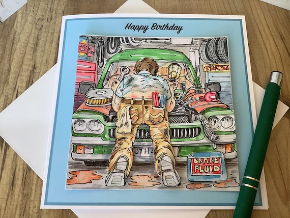 Personalised Car Mechanic Card: Decoupaged Garage Scene