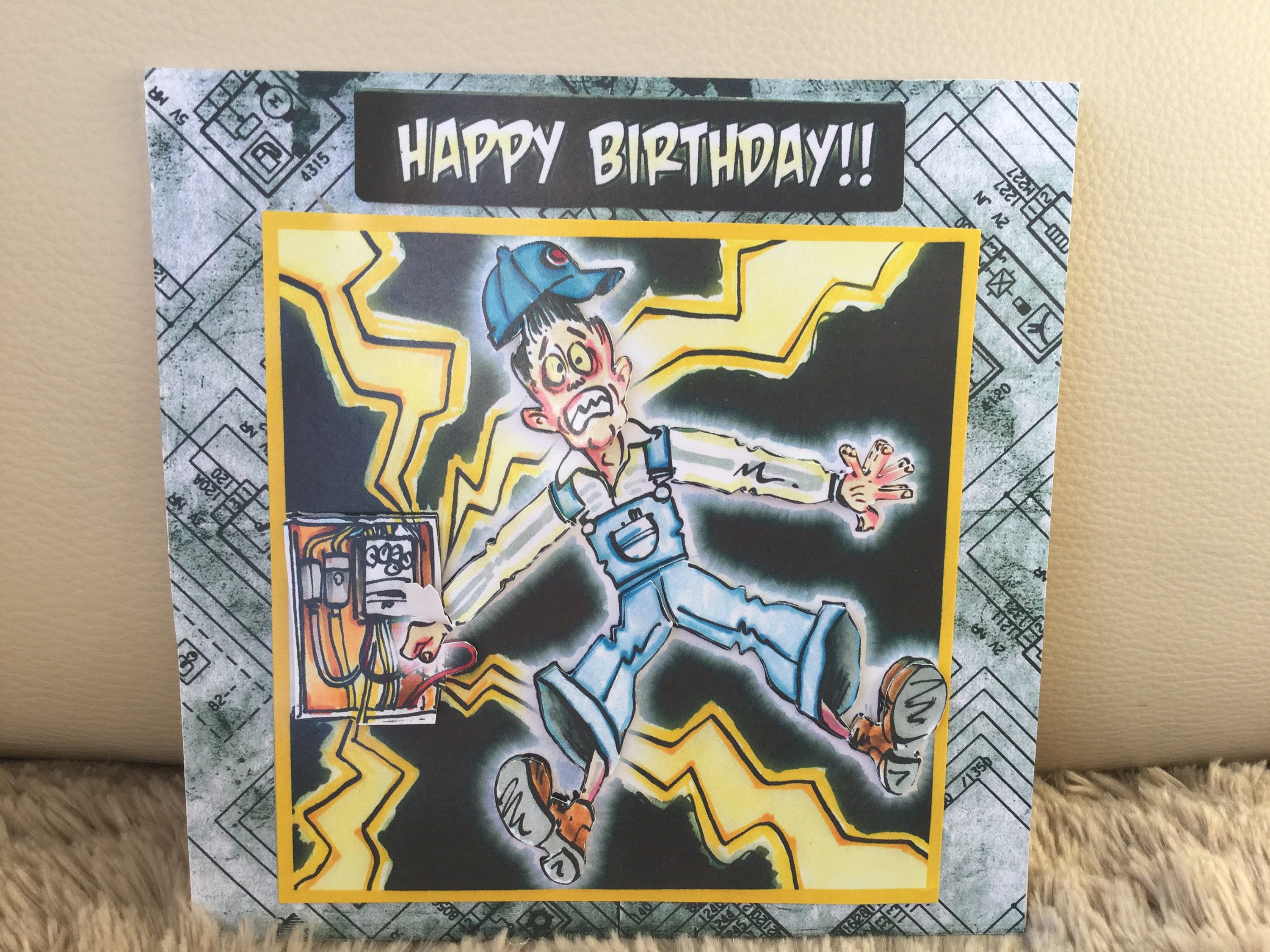 Electricians birthday card electric shock decoupaged. Etsy