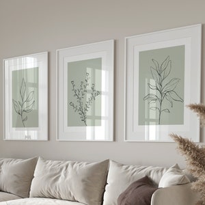 Sage Green Botanical Line Art Prints - Set of 3 (UNFRAMED)