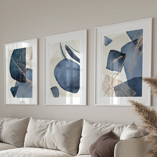 Blue Abstract Wall Art, Set of 3 Blue Prints, Brush Stroke Art, Navy and Gold,UNFRAMED