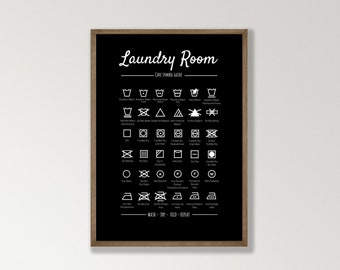 Laundry sign, laundry room decor, Laundry symbols, laundry instructions print, washing symbols, Black and White,UNFRAMED