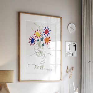 Picasso Blumenstrauß Frieden Blumen Druck, Vintage Line Art Poster, UNGERAHMT