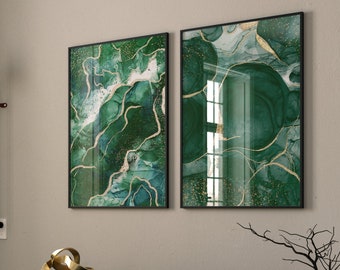 Green and Gold Abstract Art Print Set of 2, Dark Green Marble Painting, Emerald Green Wall Decor, UNFRAMED