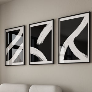 Abstract black and white wall art, Set of 3 Abstract Prints, Brush Stroke Art,UNFRAMED