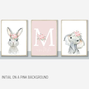 Conjunto de 3 láminas florales de animales de safari para guardería, personalizadas, sin marco.