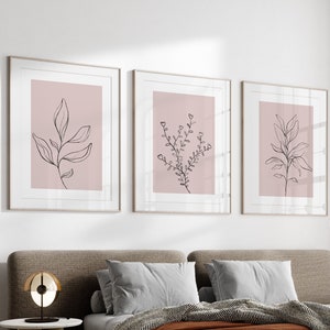 Pink Wall Prints, Botanical Wall Prints, Botanical Line Art, Pink Home Decor, Set of 3 Prints, UNFRAMED