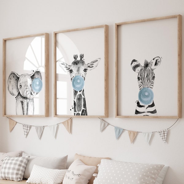 Safari animals nursery prints, Blue bubble gum,UNFRAMED