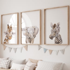 Safari nursery prints set of 3, baby animals, elephant, zebra, lion, giraffe, UNFRAMED
