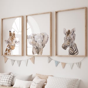 Safari Bilder Set von 3, Baby Tiere, Elefant, Zebra, Löwe, Giraffe, UNGERAHMT