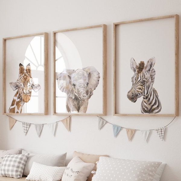 Safari kinderkamer prints set van 3, babydieren, olifant, zebra, leeuw, giraffe, UNFRAMED