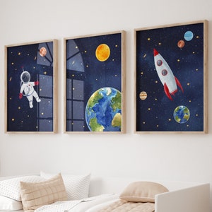 Space prints set of 3, boys room decor, outer space decor, space suit, space travel,UNFRAMED