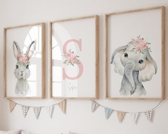 Set of 3 Safari Floral Animals, Animals nursery prints, Personalised,UNFRAMED