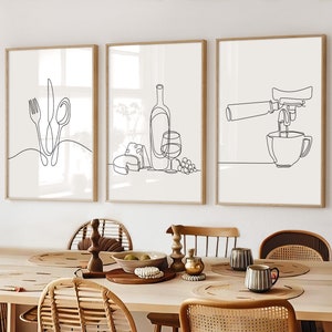 Kitchen Wall Art, Set of 3 posters, Cutlery, wine and cheese, Coffee, line art, UNFRAMED