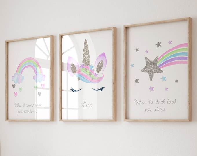 Unicorn Personalised Prints Set of 3 , Girls Bedroom Prints, Silver Unicorn Print,UNFRAMED