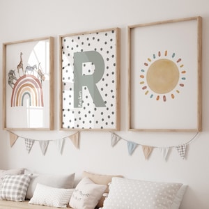 Juego de 3 impresiones, impresiones de safari para guardería, decoración neutra, letra de lunares personalizada, estilo bohemio, sin marco.