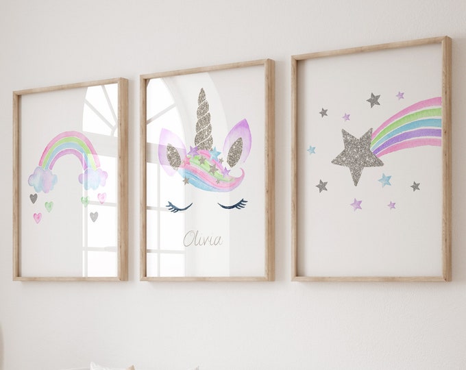 Unicorn Personalised Prints Set of 3 , Girls Bedroom Prints, Silver Unicorn Print,UNFRAMED