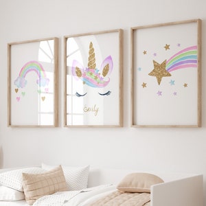 Unicorn Watercolor Prints Set: Personalized Girls Bedroom Decor
