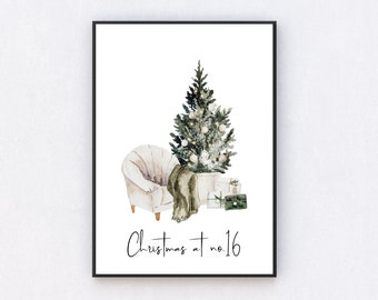 Christmas Tree Print with Personalised Home Number, Christmas print,UNFRAMED