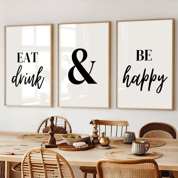 Kitchen prints set of 3 prints, Dining room decor, eat drink and be happy,UNFRAMED