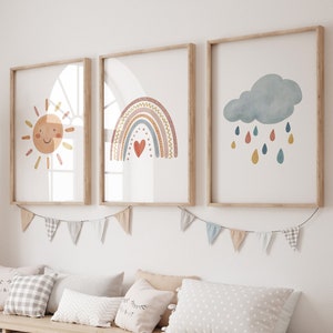 Nursery decor set of 3, sunshine print, Rainbow nursery prints, Boho,  Cloud print, kids prints, rainbow print,UNFRAMED