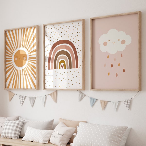 Nursery Wall Art, set of 3 boho prints, Rainbow, Cloud and sun print, UNFRAMED