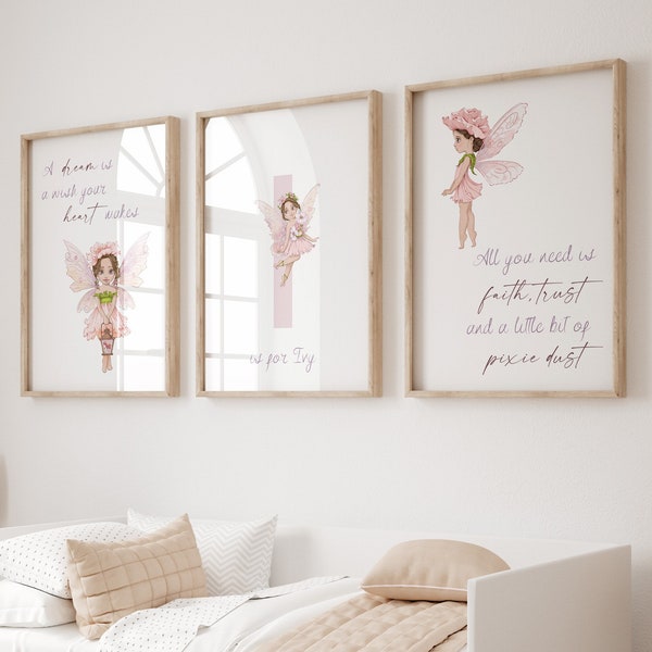 Set of 3 Fairy Prints, Personalised girls room wall art,UNFRAMED