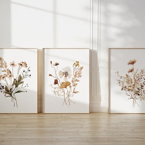 WildFlowers Art Watercolour set of 3 prints, neutral botanical boho wall art ,UNFRAMED