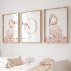 Swan Nursery Prints, Girls Nursery Decor, Personalised,UNFRAMED