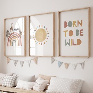 Safari Nursery Prints set of 3, Neutral decor, Rainbow, Sun boho style, UNFRAMED