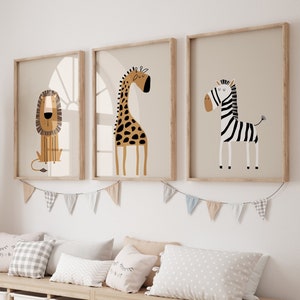 Safari Neutral Nursery Wall Prints, giraffe, zebra and lion, set of 3 posters in a beige background, UNFRAMED