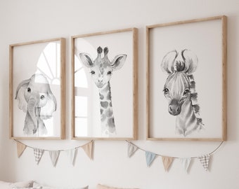 Safari Animal Prints, girls, boys, Black & White, Nursery Set, Safari Nursery Decor, Animal Nursery Prints, Nursery Wall Art,UNFRAMED