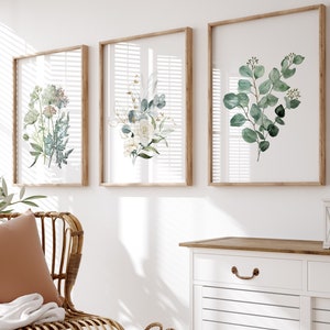 Eucalyptus Watercolor Floral Wall Prints: Green & Gold Set of 3 (UNFRAMED)